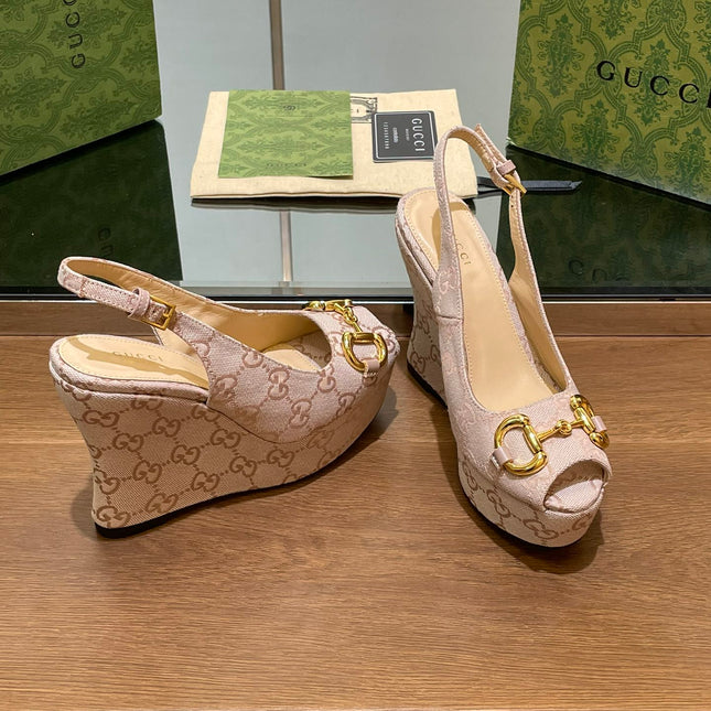 GG WEDGE PLATFORM IN ALMOND BEIGE MONOGRAM JACQUARD FABRIC