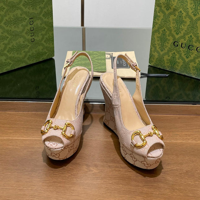 GG WEDGE PLATFORM IN ALMOND BEIGE MONOGRAM JACQUARD FABRIC