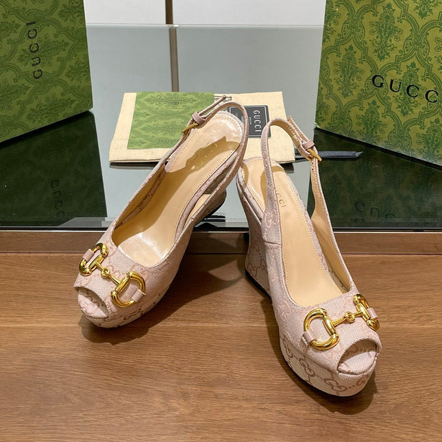 GG WEDGE PLATFORM IN ALMOND BEIGE MONOGRAM JACQUARD FABRIC