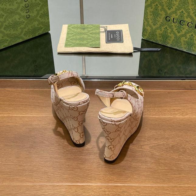 GG WEDGE PLATFORM IN ALMOND BEIGE MONOGRAM JACQUARD FABRIC
