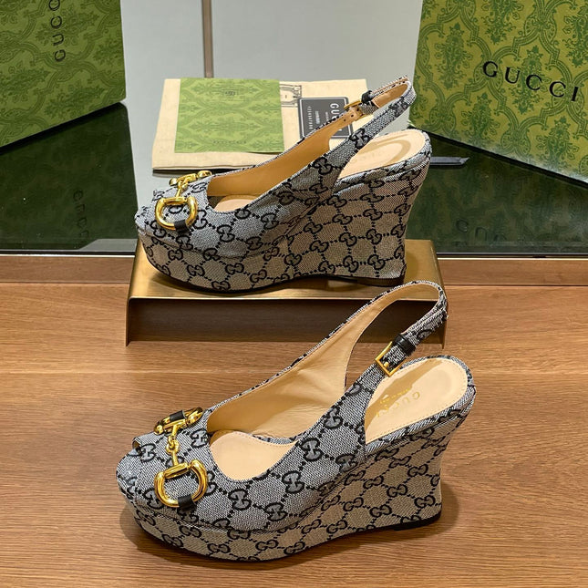GG WEDGE PLATFORM IN STEEL GREY MONOGRAM JACQUARD FABRIC