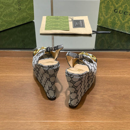 GG WEDGE PLATFORM IN STEEL GREY MONOGRAM JACQUARD FABRIC