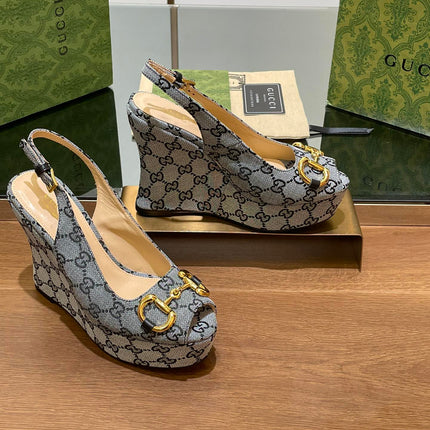 GG WEDGE PLATFORM IN STEEL GREY MONOGRAM JACQUARD FABRIC