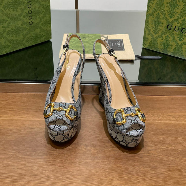 GG WEDGE PLATFORM IN STEEL GREY MONOGRAM JACQUARD FABRIC