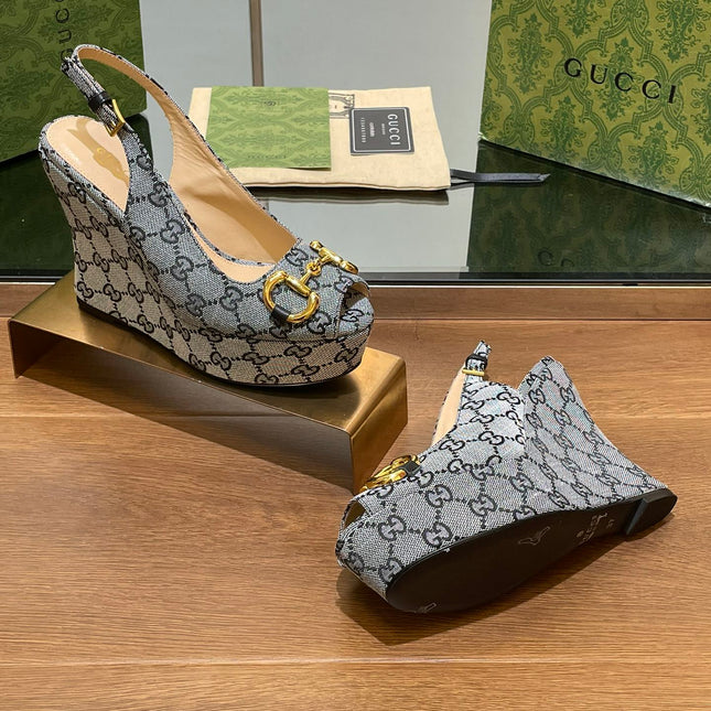 GG WEDGE PLATFORM IN STEEL GREY MONOGRAM JACQUARD FABRIC