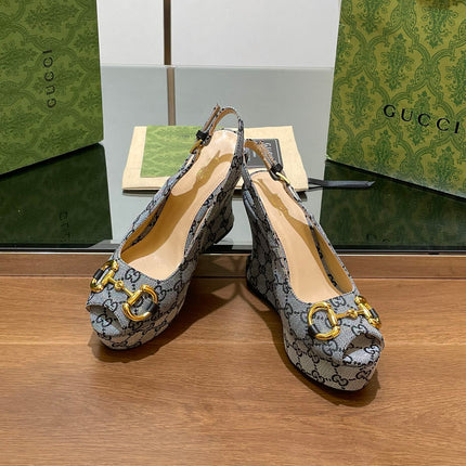 GG WEDGE PLATFORM IN STEEL GREY MONOGRAM JACQUARD FABRIC