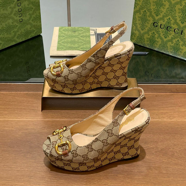 GG WEDGE PLATFORM IN CAMEL BROWN MONOGRAM JACQUARD FABRIC