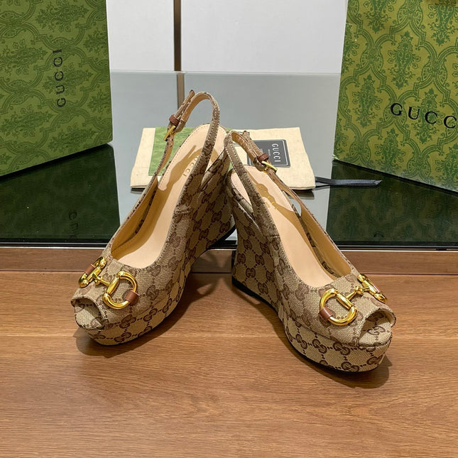 GG WEDGE PLATFORM IN CAMEL BROWN MONOGRAM JACQUARD FABRIC