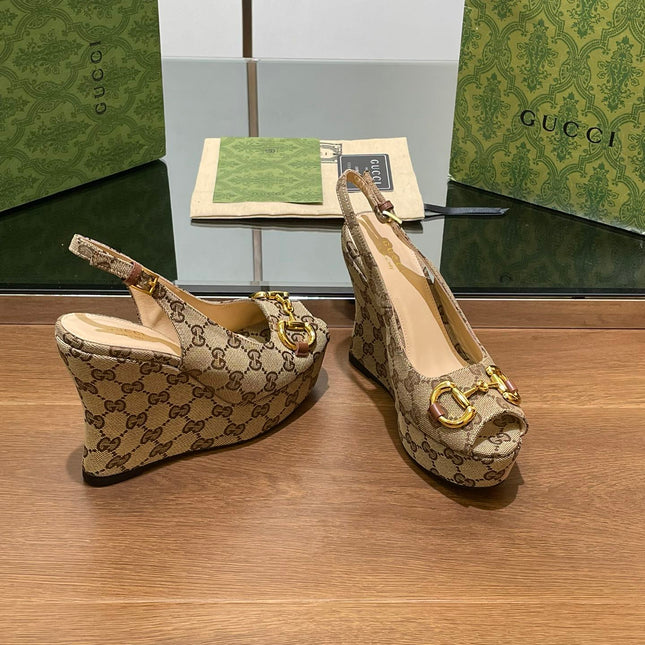 GG WEDGE PLATFORM IN CAMEL BROWN MONOGRAM JACQUARD FABRIC