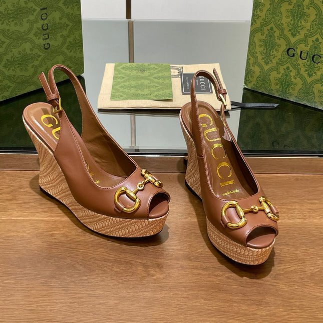 GG WEDGE PLATFORM IN CHOCOLATE BROWN CALFSKIN WITH GOLD HARDWARE