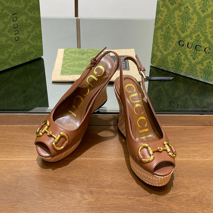 GG WEDGE PLATFORM IN CHOCOLATE BROWN CALFSKIN WITH GOLD HARDWARE