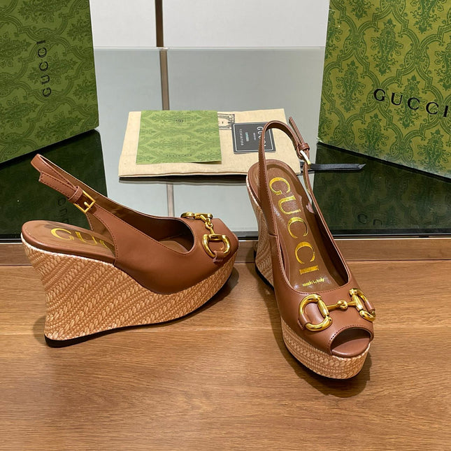 GG WEDGE PLATFORM IN CHOCOLATE BROWN CALFSKIN WITH GOLD HARDWARE