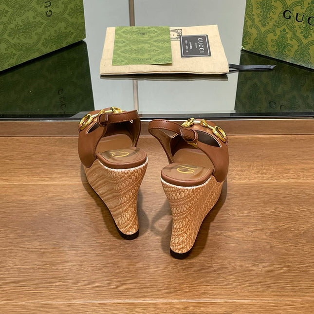 GG WEDGE PLATFORM IN CHOCOLATE BROWN CALFSKIN WITH GOLD HARDWARE