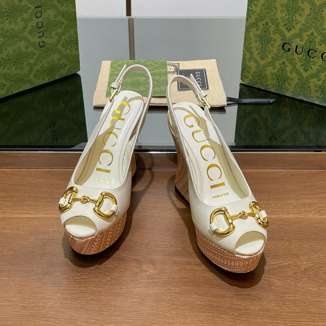 GG WEDGE PLATFORM IN WHITE CALFSKIN WITH GOLD HARDWARE
