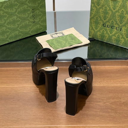 GG WOMEN'S HORSEBIT PLATFORM LOAFER SLINGBACK IN BLACK CALFSKIN