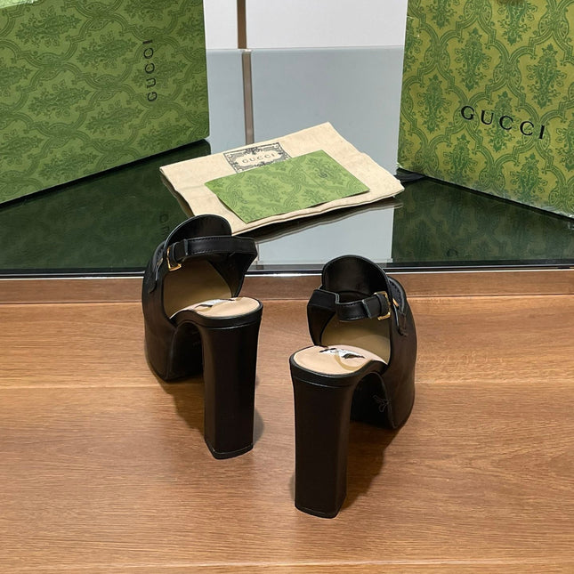 GG WOMEN'S HORSEBIT PLATFORM LOAFER SLINGBACK IN BLACK CALFSKIN