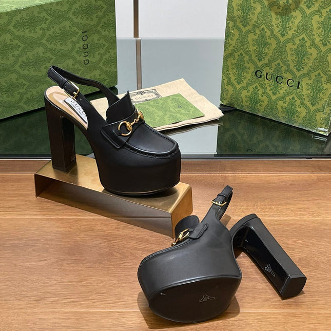 GG WOMEN'S HORSEBIT PLATFORM LOAFER SLINGBACK IN BLACK CALFSKIN