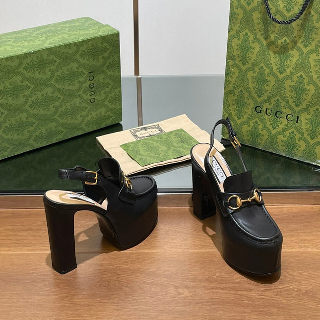 GG WOMEN'S HORSEBIT PLATFORM LOAFER SLINGBACK IN BLACK CALFSKIN