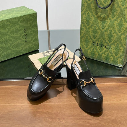 GG WOMEN'S HORSEBIT PLATFORM LOAFER SLINGBACK IN BLACK CALFSKIN