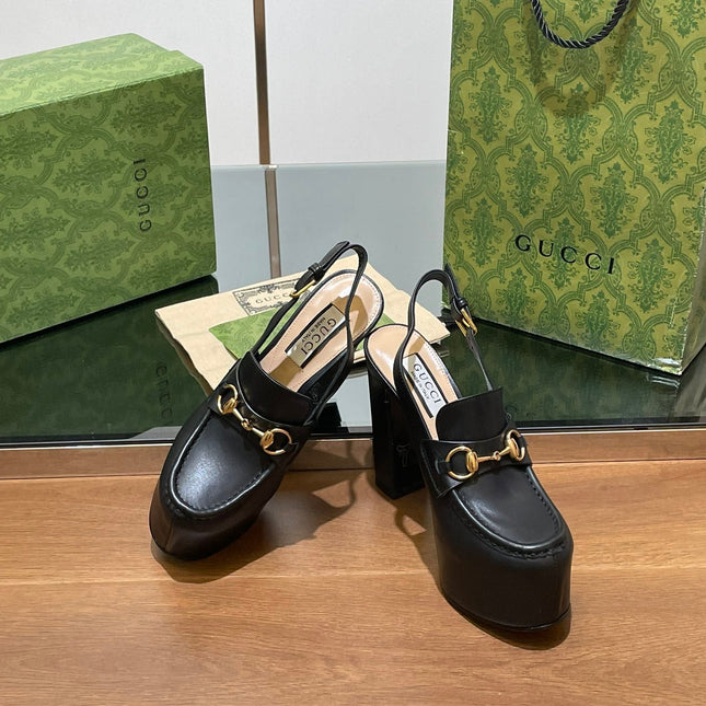 GG WOMEN'S HORSEBIT PLATFORM LOAFER SLINGBACK IN BLACK CALFSKIN