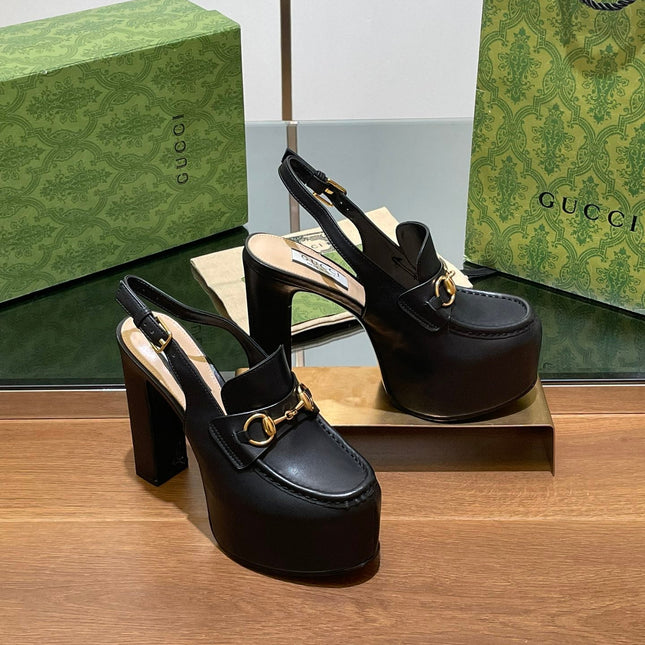 GG WOMEN'S HORSEBIT PLATFORM LOAFER SLINGBACK IN BLACK CALFSKIN