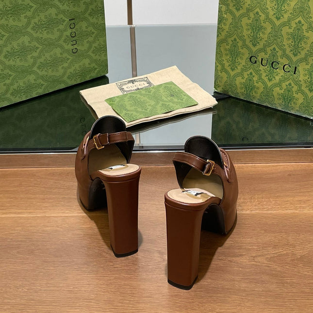 GG WOMEN'S HORSEBIT PLATFORM LOAFER SLINGBACK IN DARK BROWN CALFSKIN