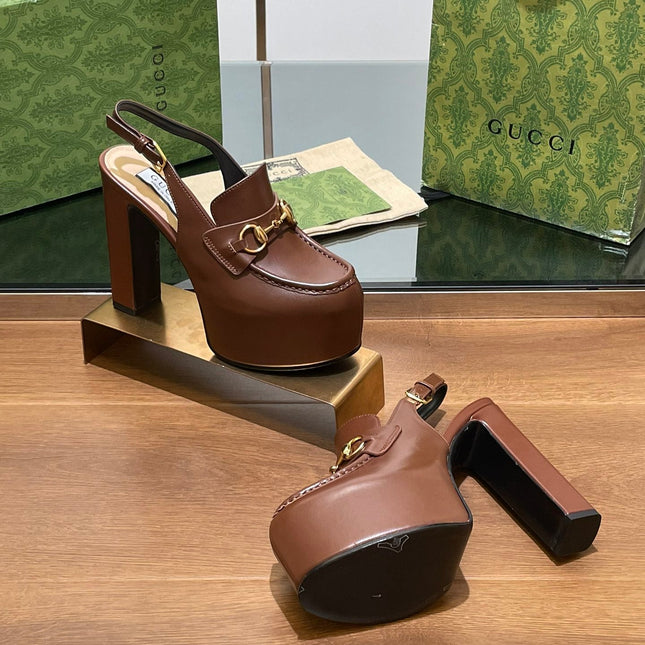 GG WOMEN'S HORSEBIT PLATFORM LOAFER SLINGBACK IN DARK BROWN CALFSKIN