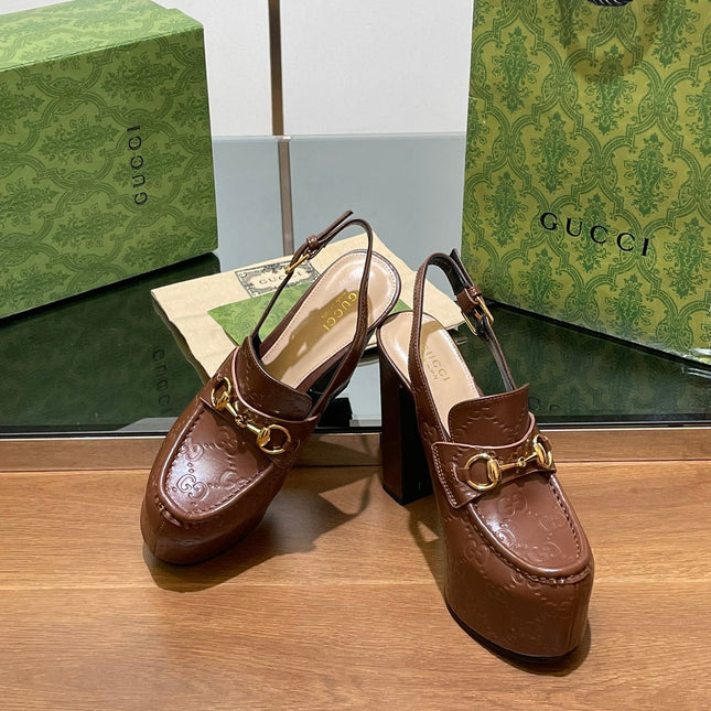 GG WOMEN'S HORSEBIT PLATFORM LOAFER SLINGBACK IN DARK BROWN EMBOSSED CALFSKIN