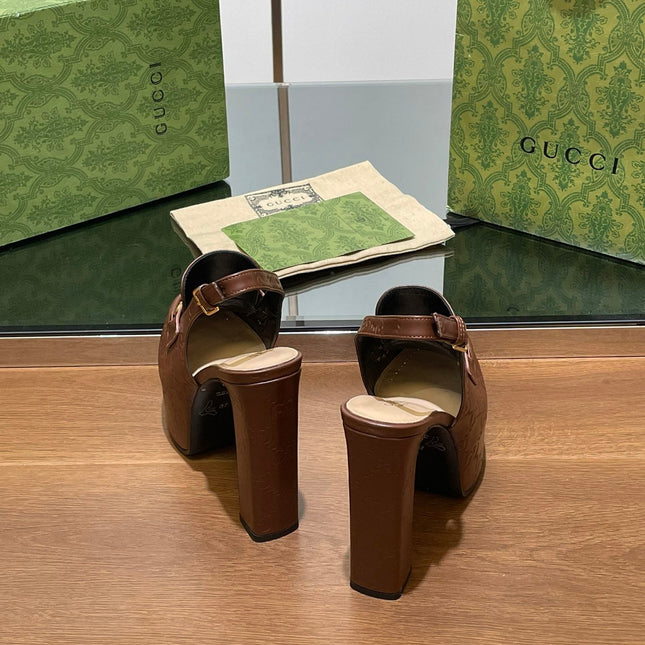 GG WOMEN'S HORSEBIT PLATFORM LOAFER SLINGBACK IN DARK BROWN EMBOSSED CALFSKIN