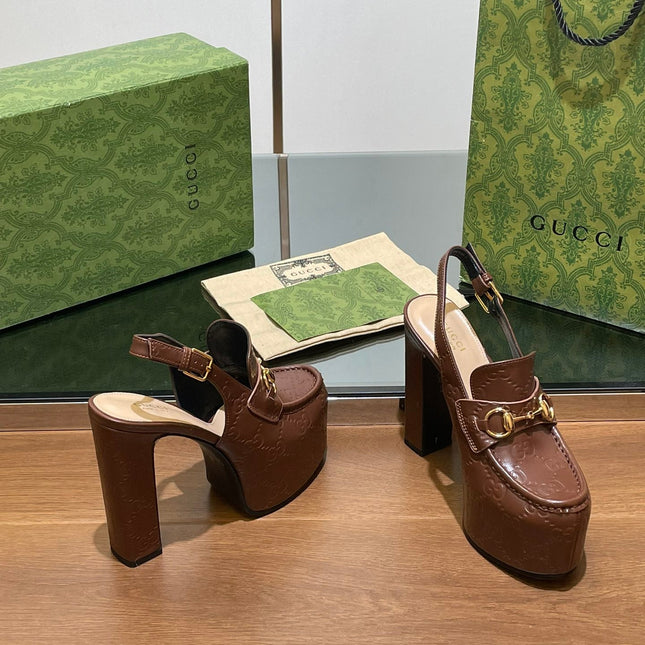 GG WOMEN'S HORSEBIT PLATFORM LOAFER SLINGBACK IN DARK BROWN EMBOSSED CALFSKIN