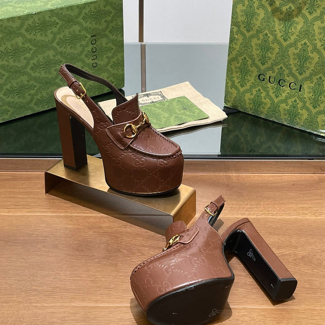 GG WOMEN'S HORSEBIT PLATFORM LOAFER SLINGBACK IN DARK BROWN EMBOSSED CALFSKIN