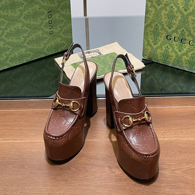 GG WOMEN'S HORSEBIT PLATFORM LOAFER SLINGBACK IN DARK BROWN EMBOSSED CALFSKIN