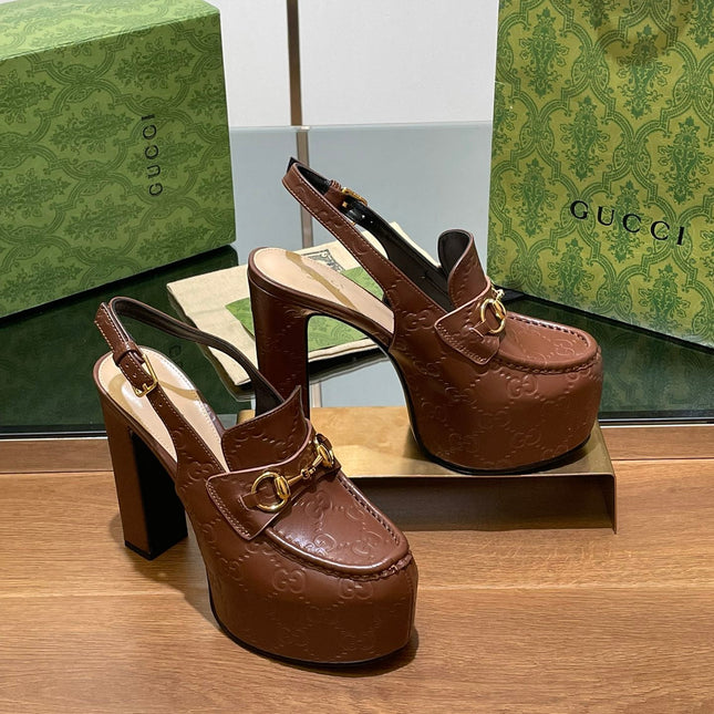 GG WOMEN'S HORSEBIT PLATFORM LOAFER SLINGBACK IN DARK BROWN EMBOSSED CALFSKIN