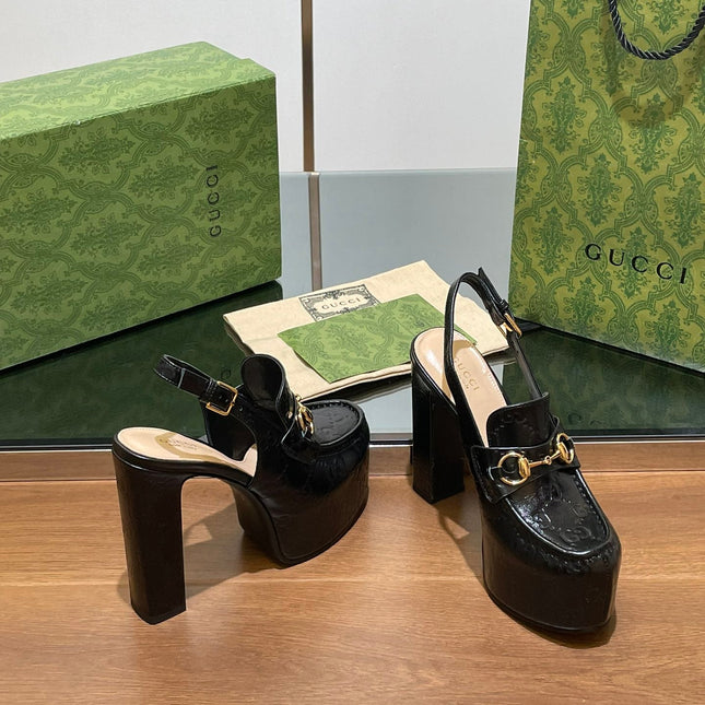 GG WOMEN'S HORSEBIT PLATFORM LOAFER SLINGBACK IN BLACK EMBOSSED CALFSKIN