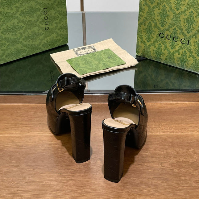 GG WOMEN'S HORSEBIT PLATFORM LOAFER SLINGBACK IN BLACK EMBOSSED CALFSKIN