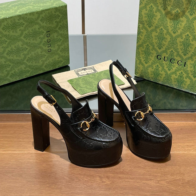 GG WOMEN'S HORSEBIT PLATFORM LOAFER SLINGBACK IN BLACK EMBOSSED CALFSKIN