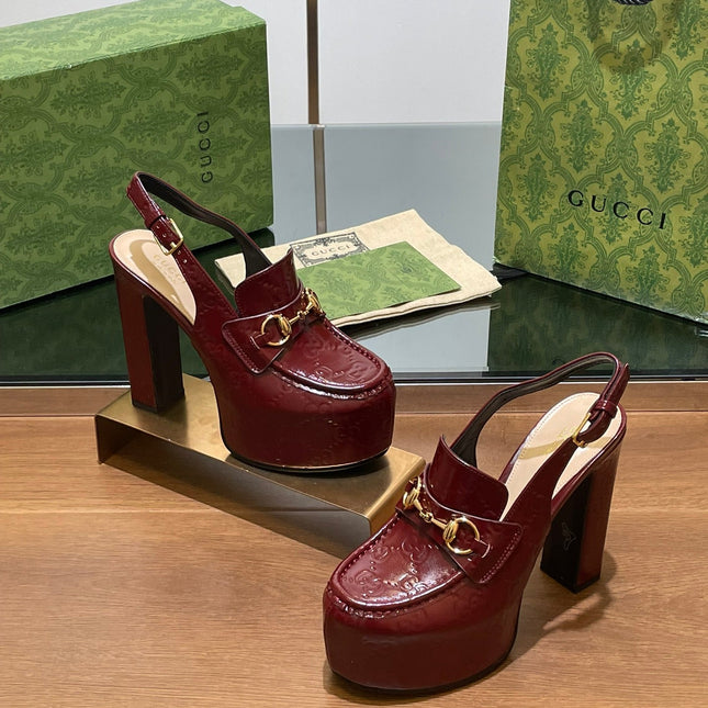 GG WOMEN'S HORSEBIT PLATFORM LOAFER SLINGBACK IN  ROSSO ANCORA RED CALFSKIN