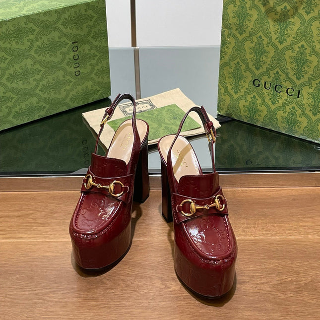 GG WOMEN'S HORSEBIT PLATFORM LOAFER SLINGBACK IN  ROSSO ANCORA RED CALFSKIN