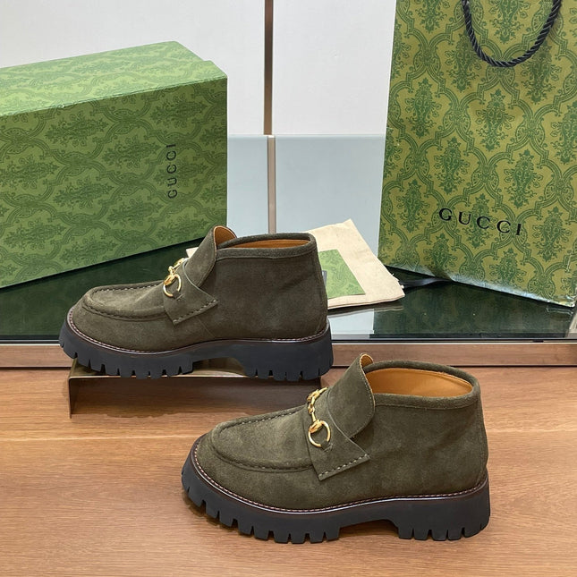 GG WOMEN'S HORSEBIT ANKLE BOOTS 4.5CM IN KHAKI GREEN SUEDE
