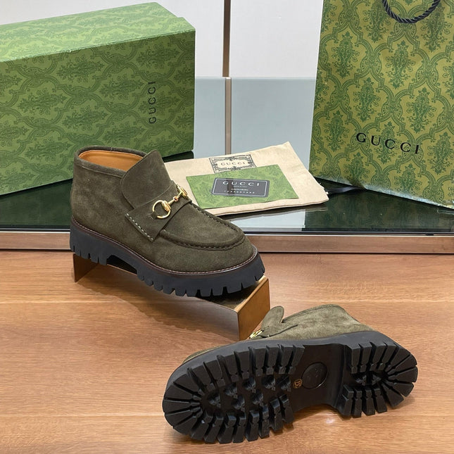 GG WOMEN'S HORSEBIT ANKLE BOOTS 4.5CM IN KHAKI GREEN SUEDE