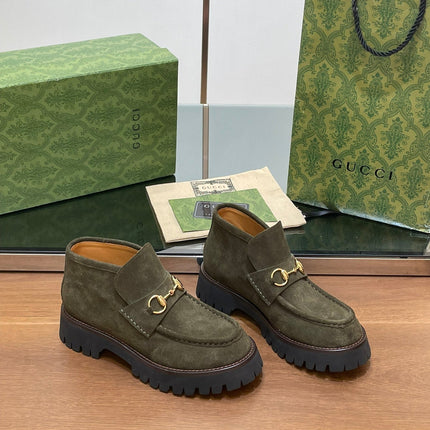 GG WOMEN'S HORSEBIT ANKLE BOOTS 4.5CM IN KHAKI GREEN SUEDE