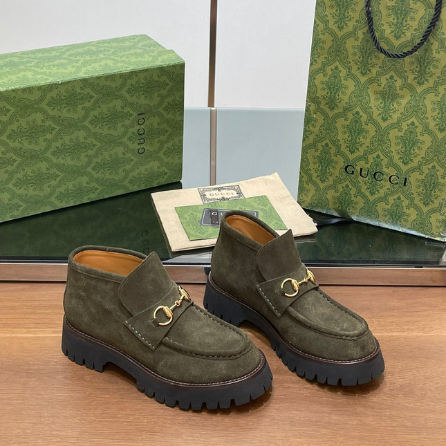 GG WOMEN'S HORSEBIT ANKLE BOOTS 4.5CM IN KHAKI GREEN SUEDE