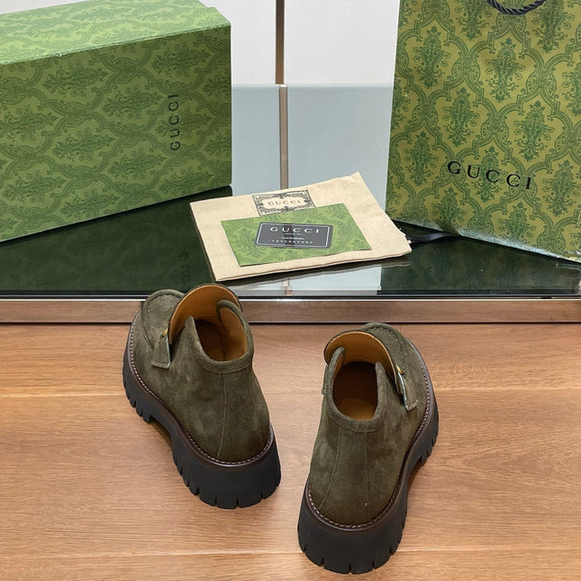 GG WOMEN'S HORSEBIT ANKLE BOOTS 4.5CM IN KHAKI GREEN SUEDE