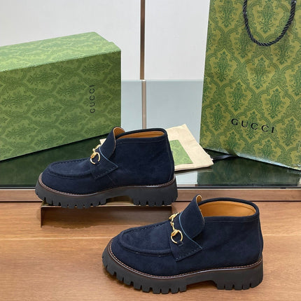 GG WOMEN'S HORSEBIT ANKLE BOOTS 4.5CM IN NAVY BLUE SUEDE