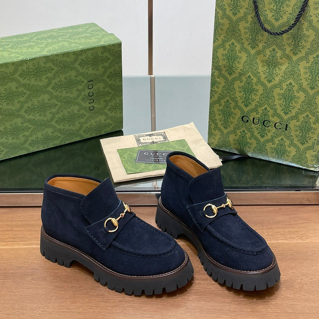 GG WOMEN'S HORSEBIT ANKLE BOOTS 4.5CM IN NAVY BLUE SUEDE