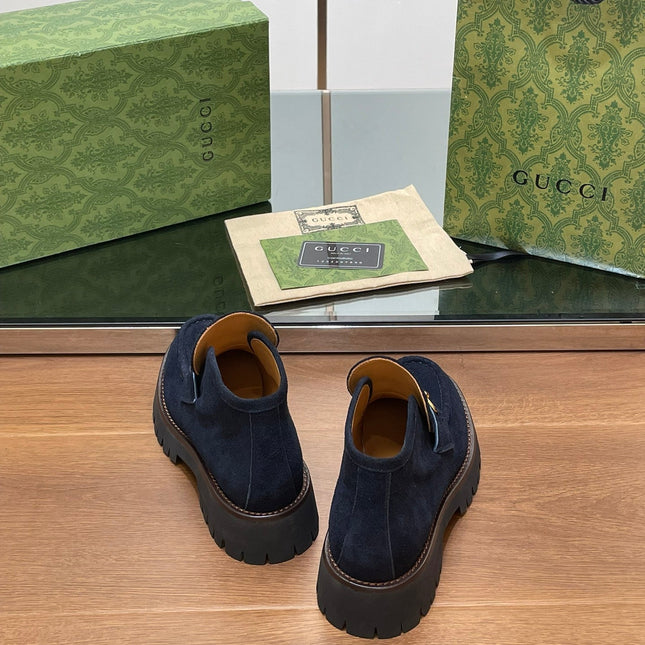 GG WOMEN'S HORSEBIT ANKLE BOOTS 4.5CM IN NAVY BLUE SUEDE