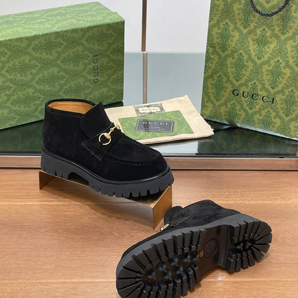 GG WOMEN'S HORSEBIT ANKLE BOOTS 4.5CM IN BLACK SUEDE