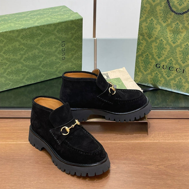 GG WOMEN'S HORSEBIT ANKLE BOOTS 4.5CM IN BLACK SUEDE