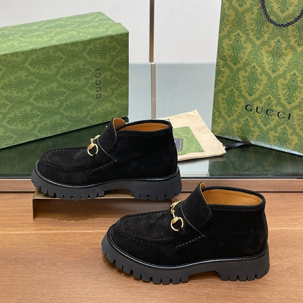 GG WOMEN'S HORSEBIT ANKLE BOOTS 4.5CM IN BLACK SUEDE