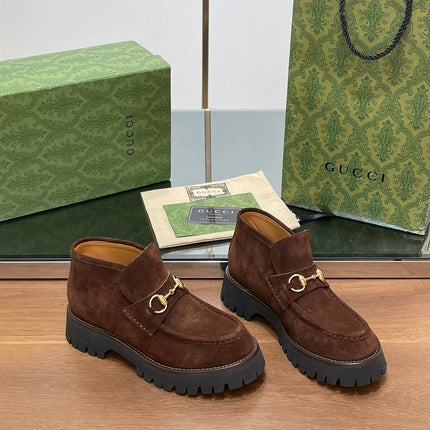 GG WOMEN'S HORSEBIT ANKLE BOOTS 4.5 CM IN DARK BROWN SUEDE